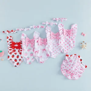 Baby Swimsuit with Ruffle Trim Matching Sun Hat and Headband