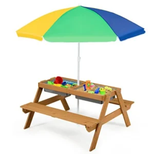 Wooden 4-in-1 Sand and Water Play Set Adjustable Umbrella